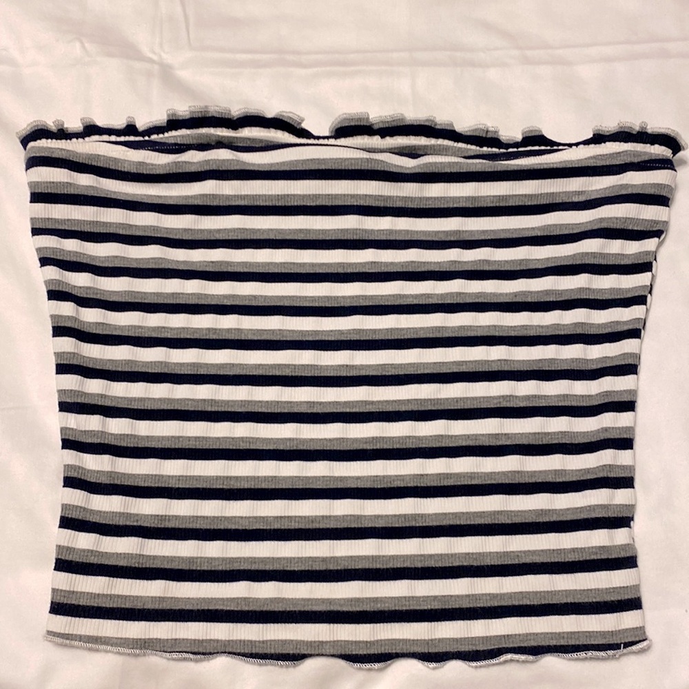 Striped Ribbed Tube Top with Soft Ruffle along Top - Picture 2 of 7